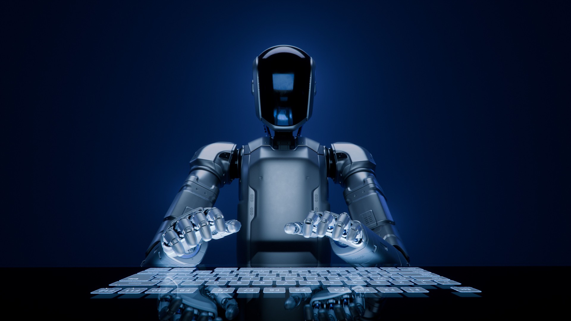 AI Powered Humanoid Robot with Glass Visor Typing on Futuristic Touch Keyboard. Humanoid Robot Swiftly Programming on Glass Keyboard. Concept: Artificial Intelligence Assistant Writing Text.